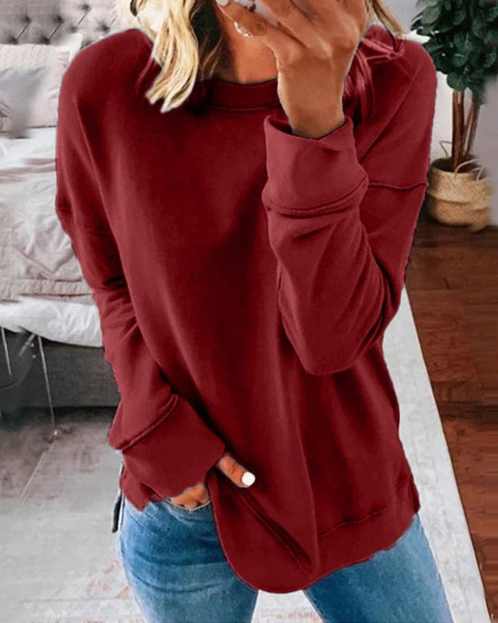 Women's burgundy casual plain pullover sweatshirt