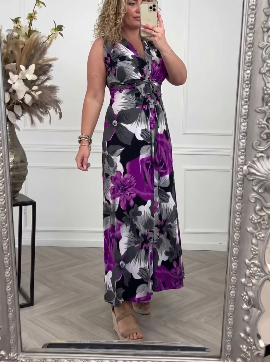 Purple floral V-neck maxi dress shown full length