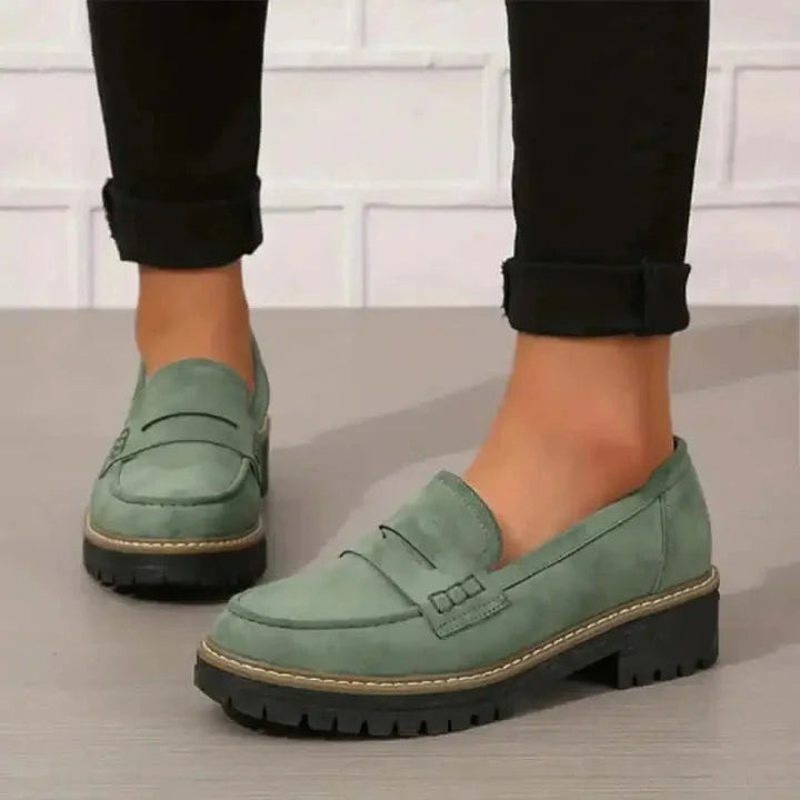 Women's green chunky platform slip-on loafers
