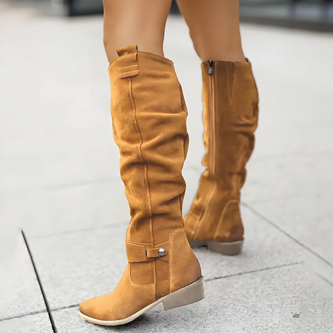 Women's light brown suede low heel knee high boots