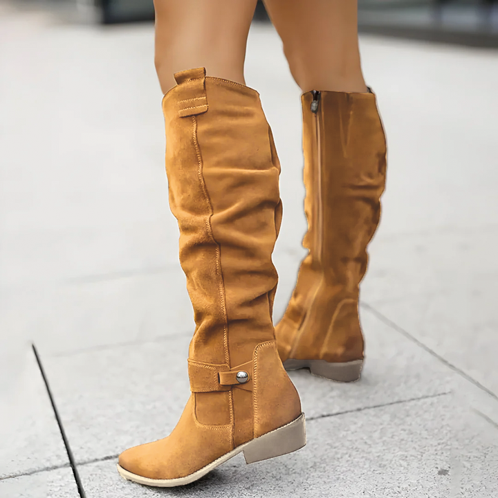 Women's light brown suede low heel knee high boots