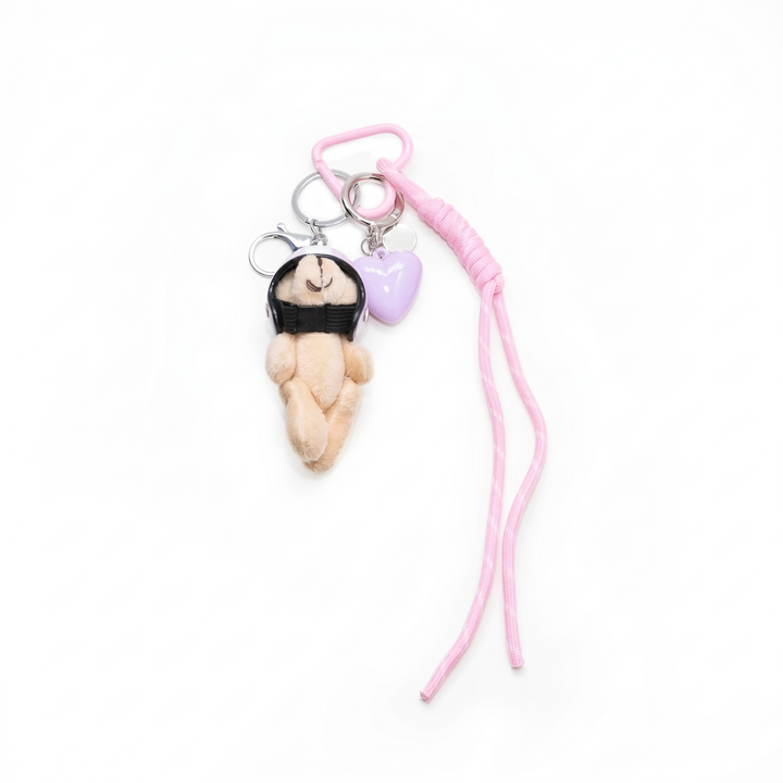 Pink pilot teddy bear bag charm with helmet, cord and heart