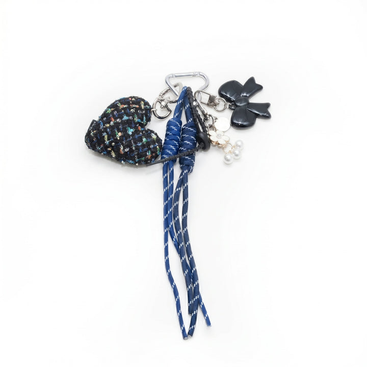 Blue tweed padded heart bag charm with cords and charms