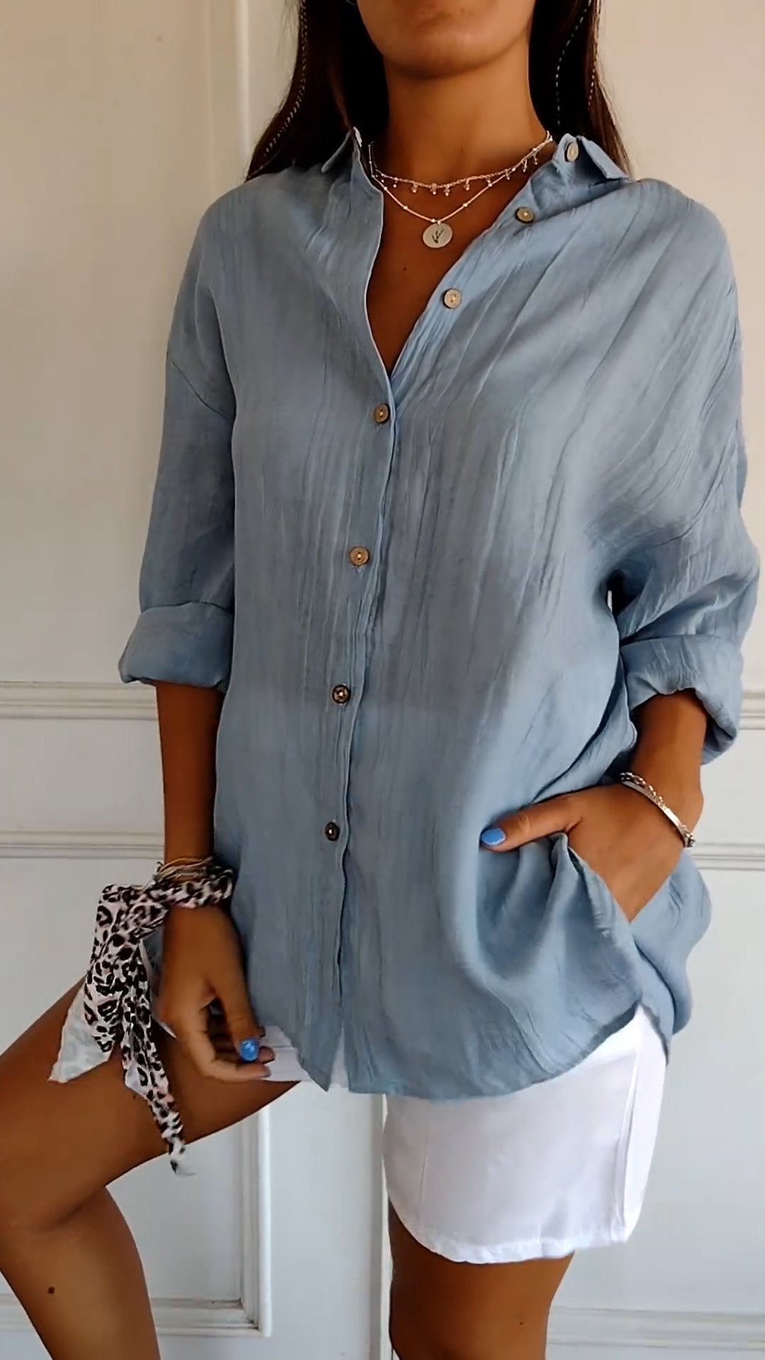 Women's loose fit lightweight long sleeve button-up blouse