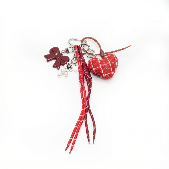 Red tweed padded heart bag charm with cords and charms