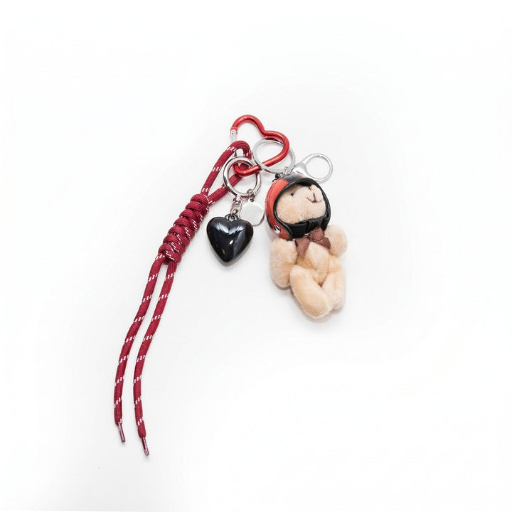 Red pilot teddy bear bag charm with helmet, cord and heart