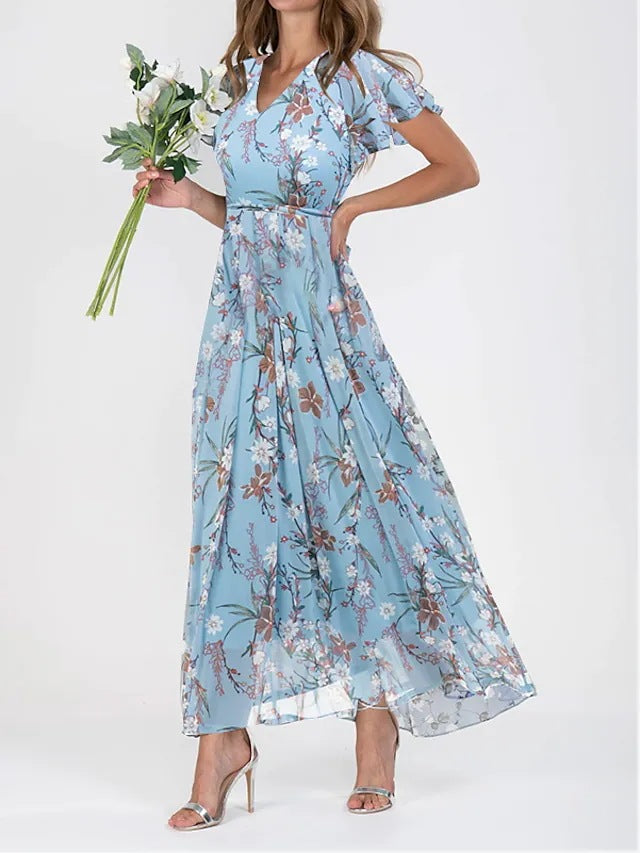 Women's blue floral A-line chiffon maxi dress