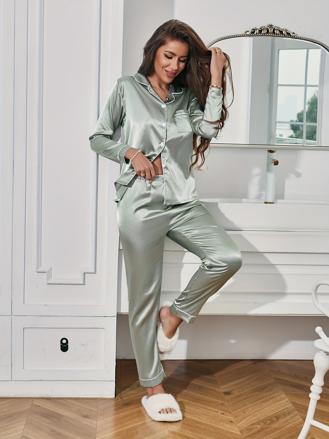 Women's sage green satin long sleeve pyjama set