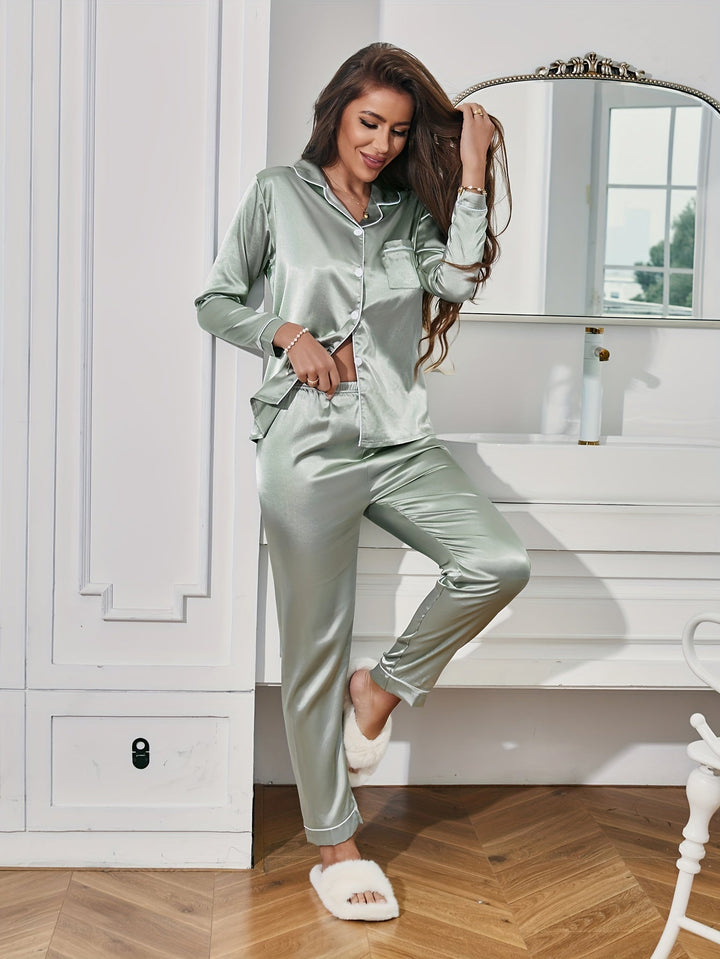Women's sage green satin long sleeve pyjama set