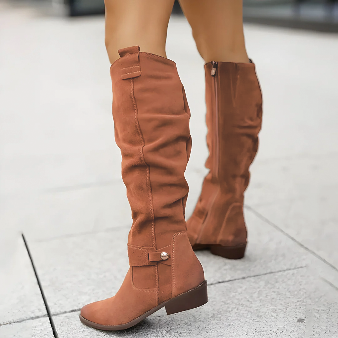 Women's dark brown suede low heel knee high boots