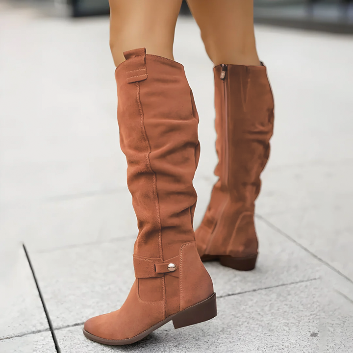 Women's dark brown suede low heel knee high boots
