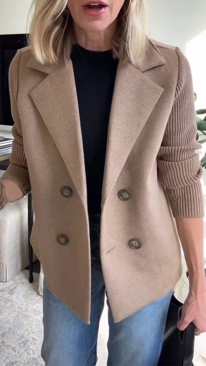 Women's double breasted blazer with knit sleeves