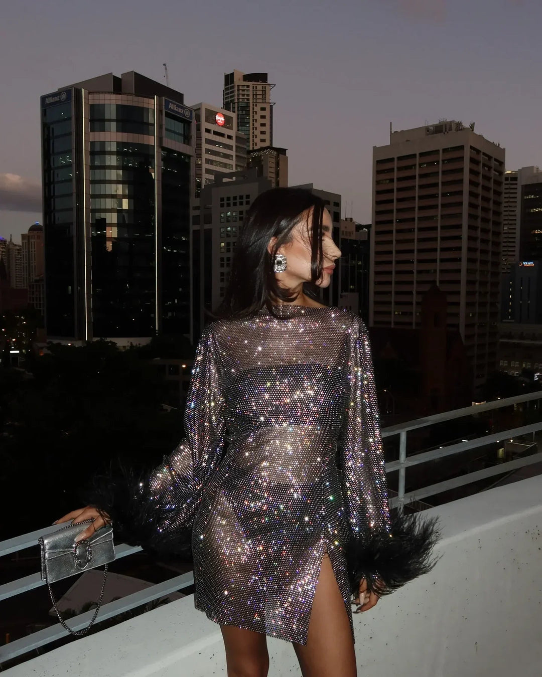 Women's black sparkly metallic mesh feather mini party dress front view