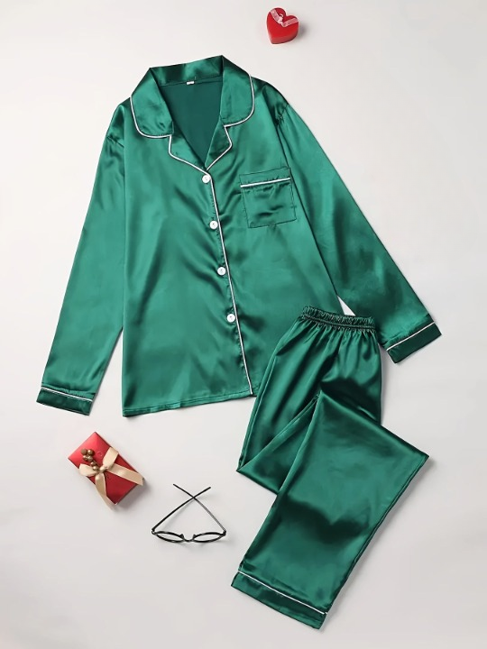 Women's green satin long sleeve pyjama set