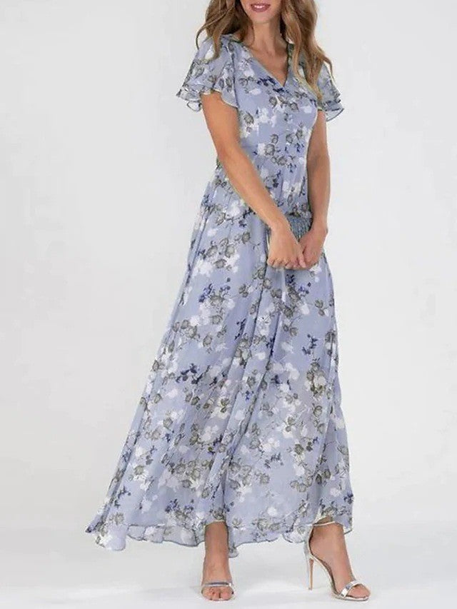 Women's purple floral A-line chiffon maxi dress