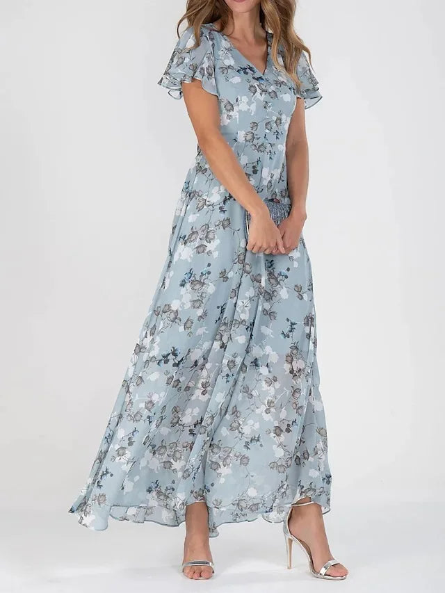 Women's light blue floral A-line chiffon maxi dress