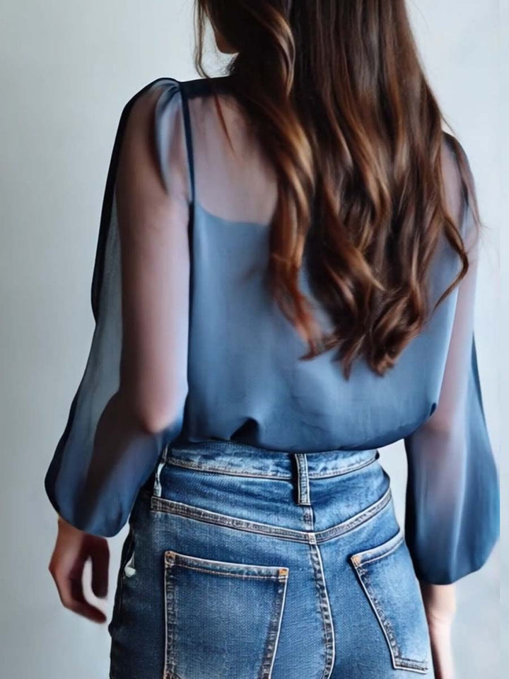 Women's blue floral print sheer button-up blouse