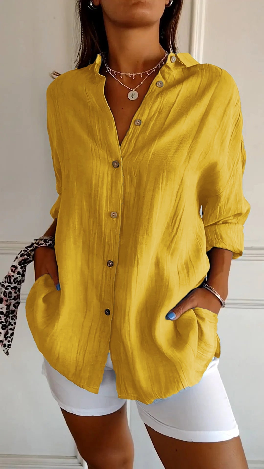 Women's yellow loose fit lightweight long sleeve button-up blouse