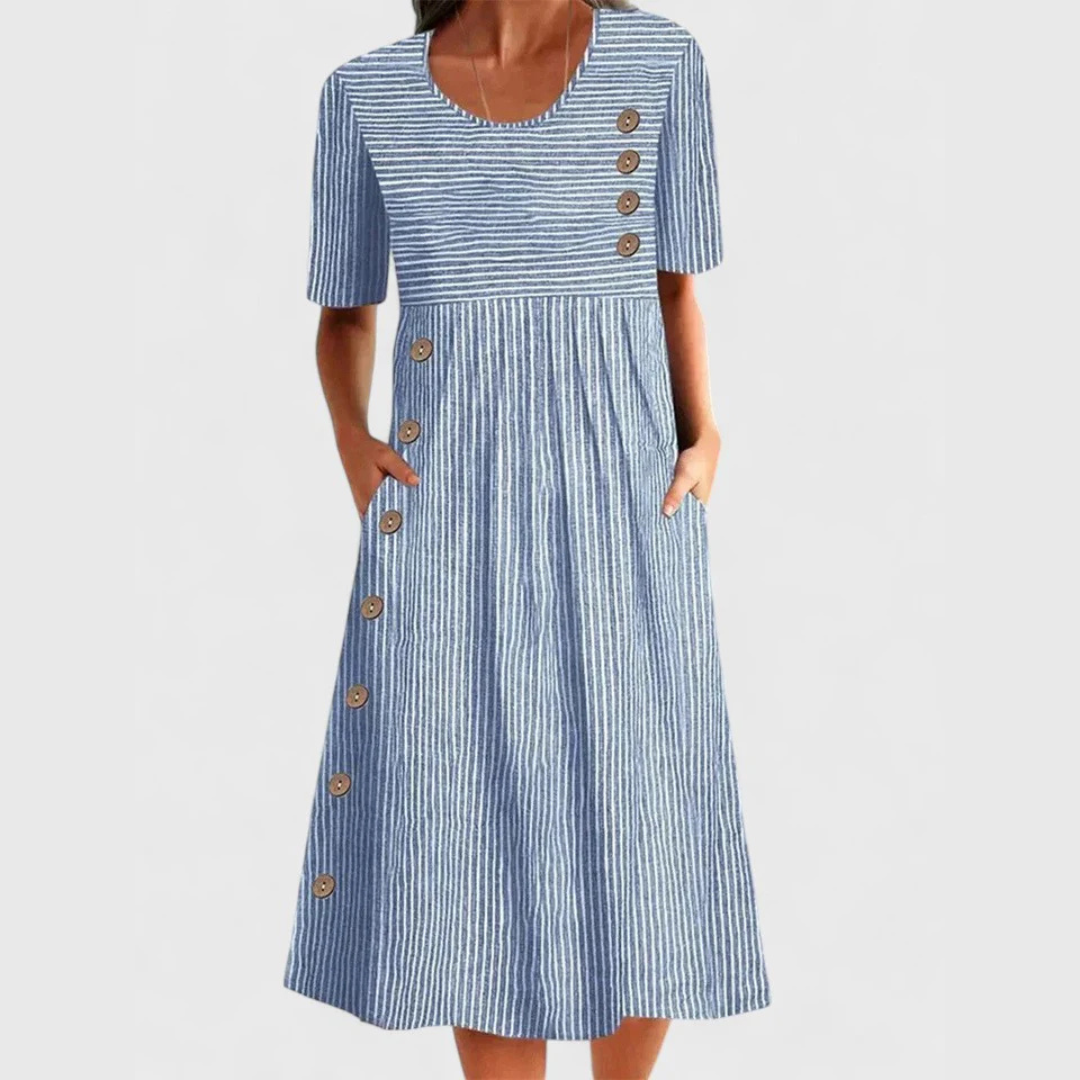 Blue striped short sleeve A-line midi summer dress