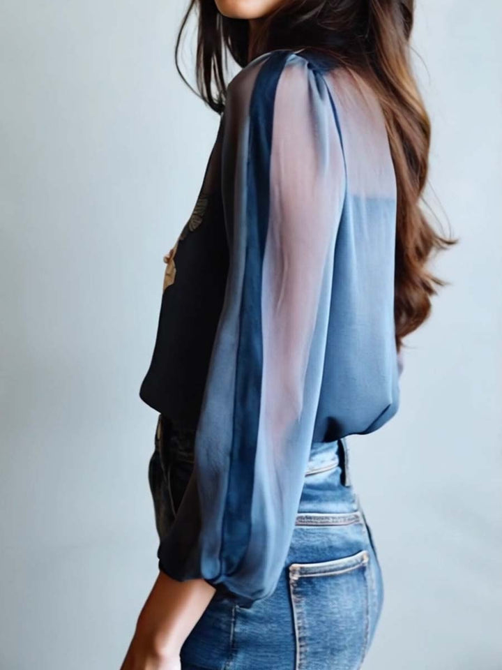 Women's blue floral print sheer button-up blouse