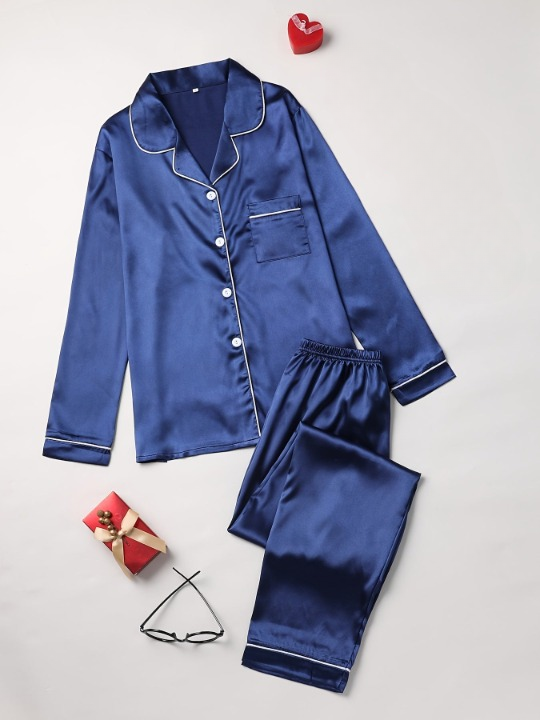 Women's navy blue satin long sleeve pyjama set