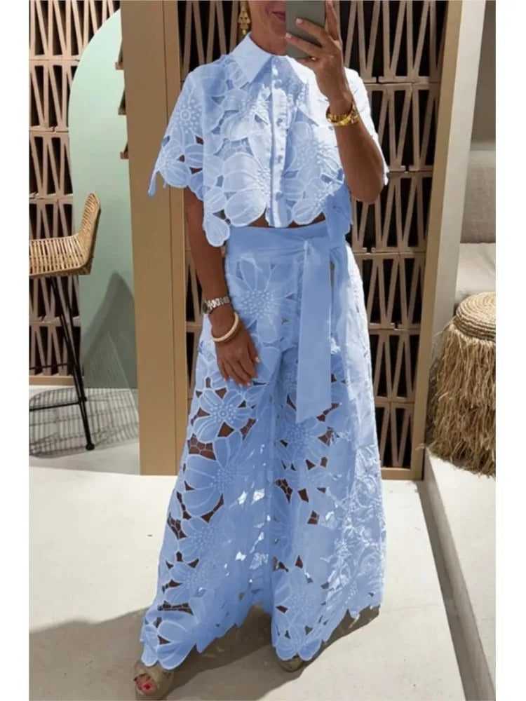 Women's blue floral cut-out lace palazzo two-piece set