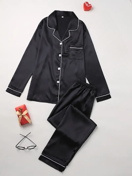 Women's black satin long sleeve pyjama set