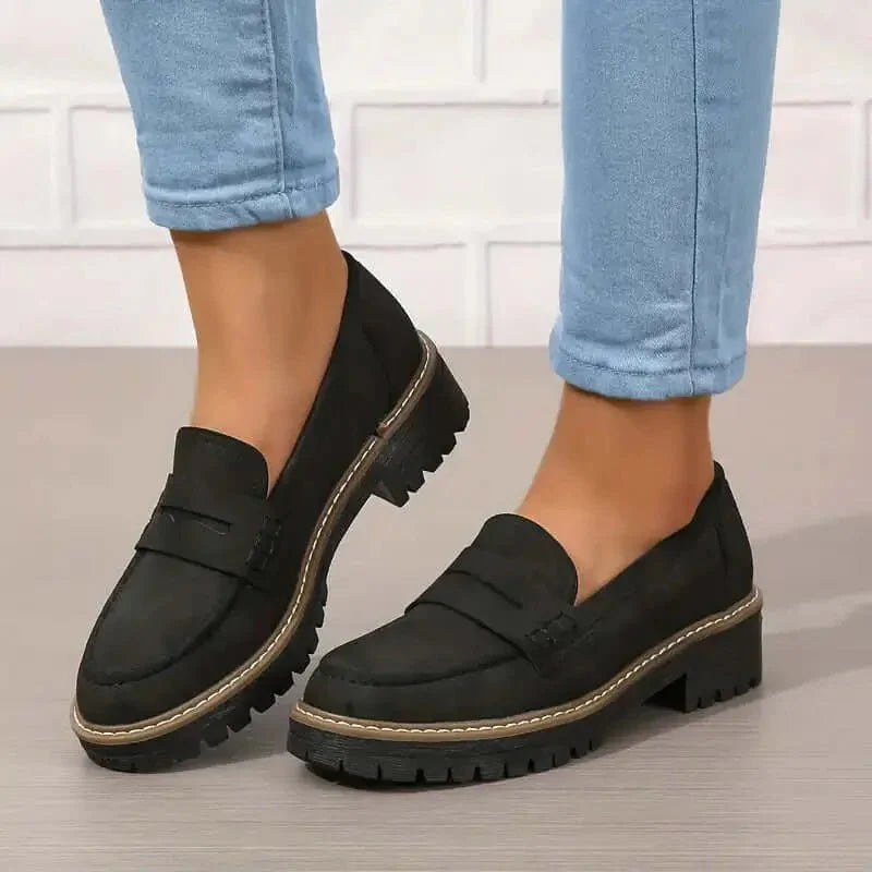 Women's black chunky platform slip-on loafers