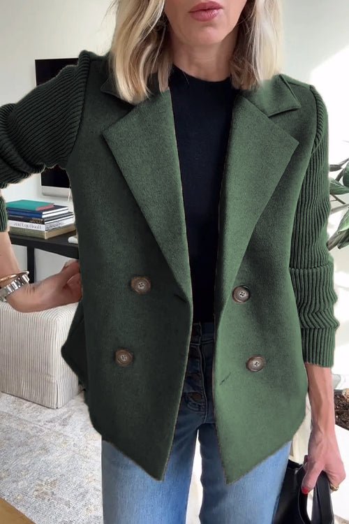 Women's green double breasted blazer with knit sleeves
