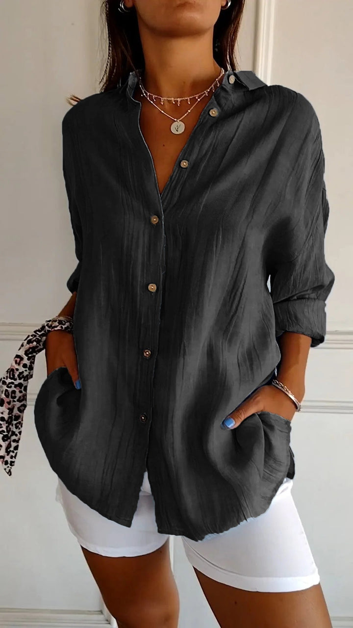 Women's black loose fit lightweight long sleeve button-up blouse