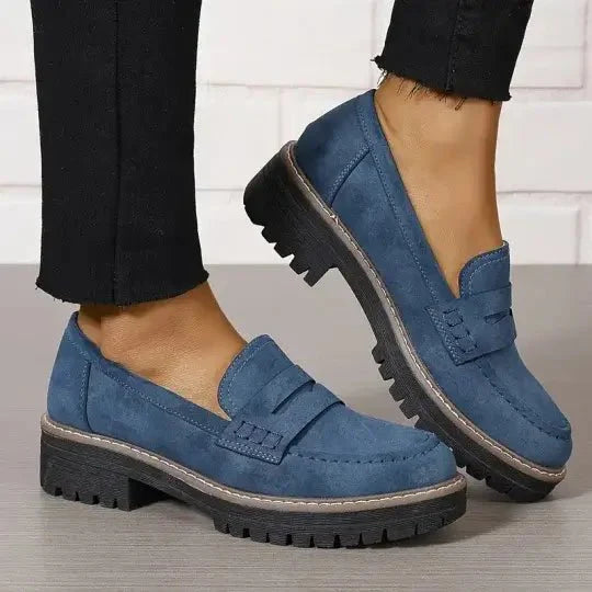 Women's blue chunky platform slip-on loafers
