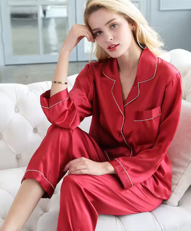 Women's red satin long sleeve pyjama set