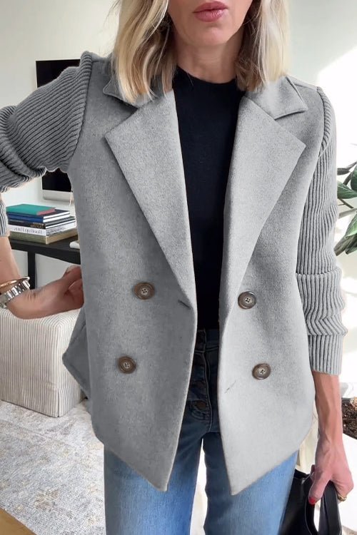 Women's grey double breasted blazer with knit sleeves