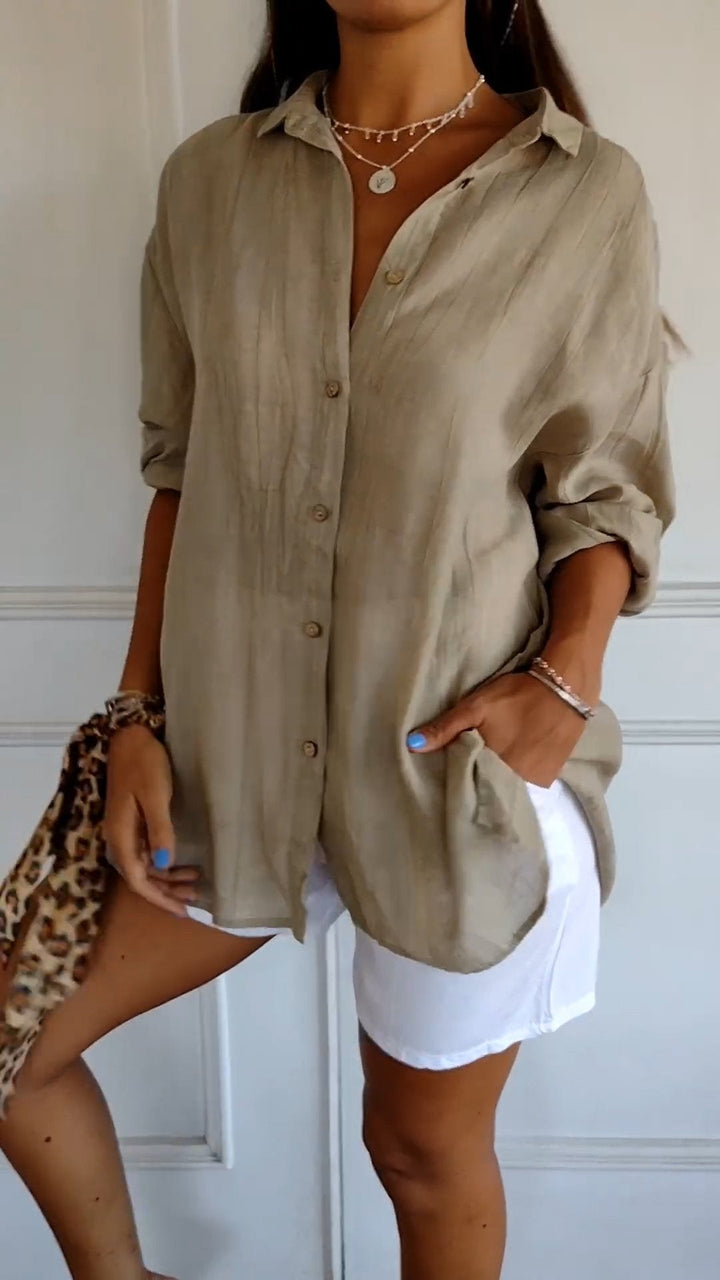 Women's apricot loose fit lightweight long sleeve button-up blouse