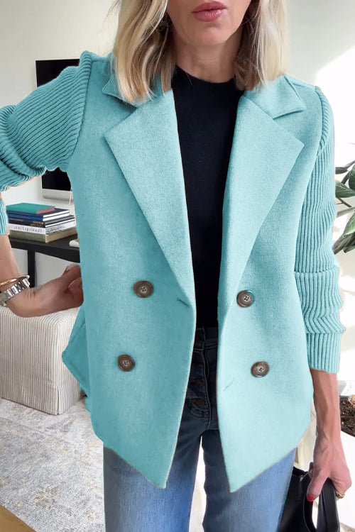 Women's light blue double breasted blazer with knit sleeves