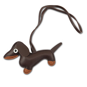 Brown faux leather dachshund dog bag charm with strap
