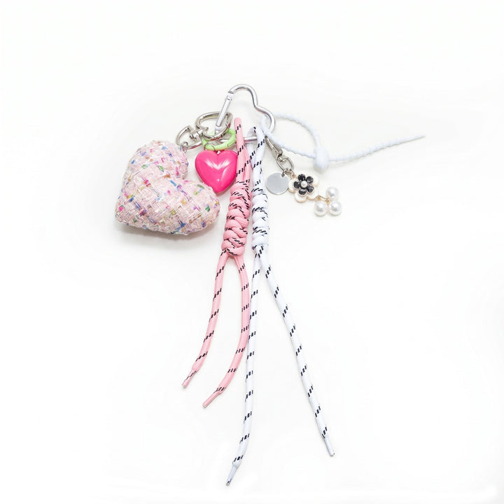 Pink tweed padded heart bag charm with cords and charms