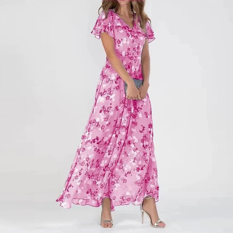 Women's pink floral A-line chiffon maxi dress