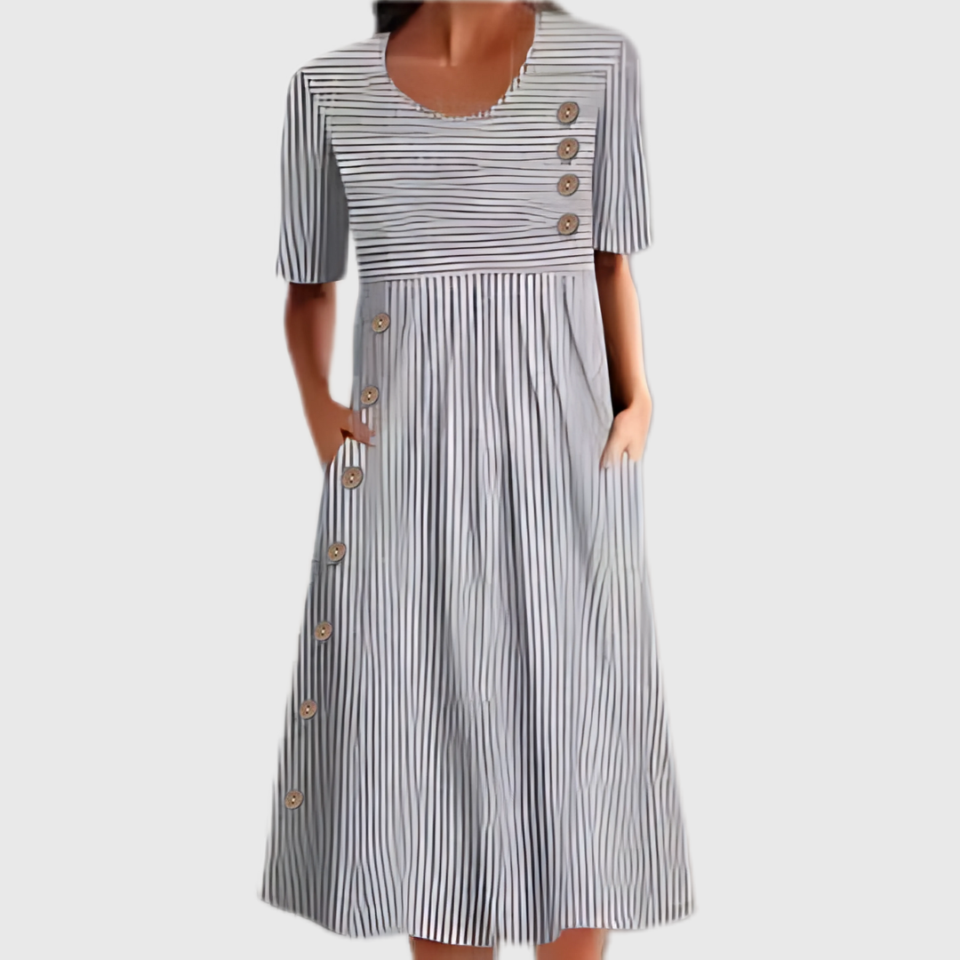 Gray striped short sleeve A-line midi summer dress