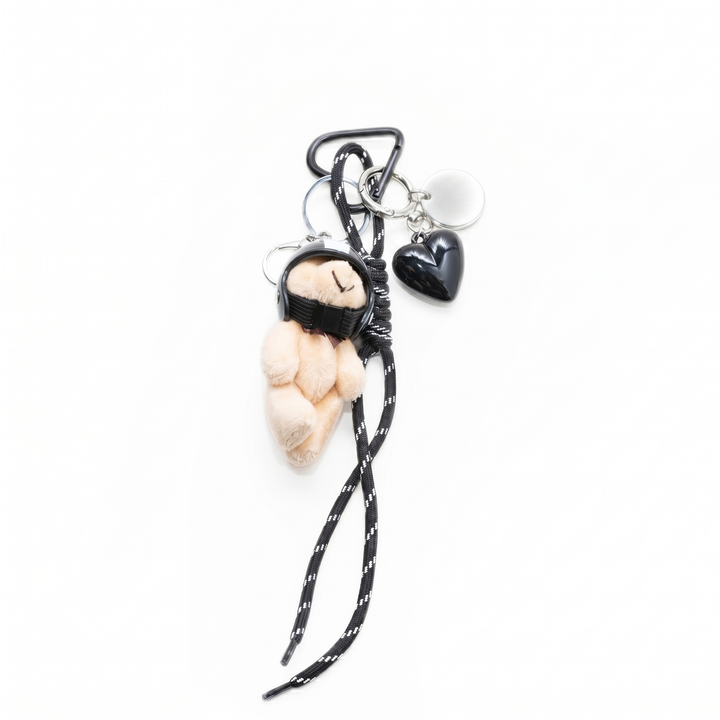 Black pilot teddy bear bag charm with helmet, cord and heart