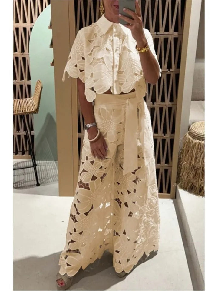 Women's yellow floral cut-out lace palazzo two-piece set