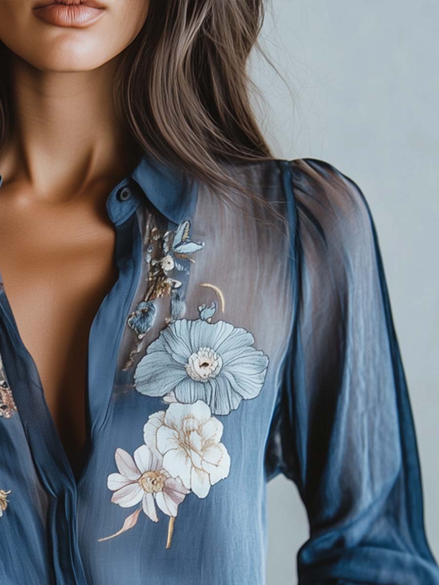 Women's blue floral print sheer button-up blouse