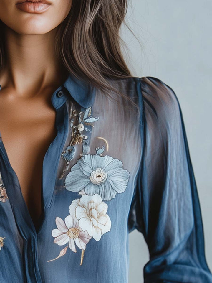 Women's blue floral print sheer button-up blouse