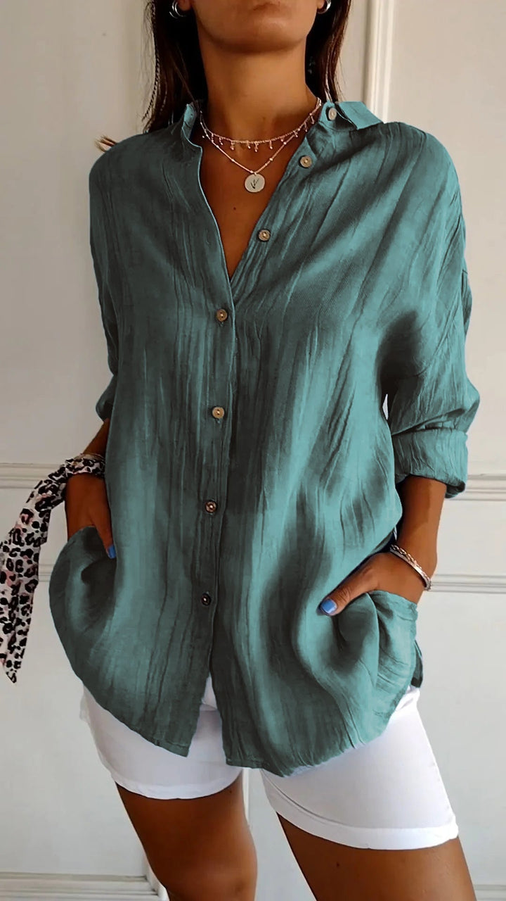 Women's ocean green loose fit lightweight long sleeve button-up blouse