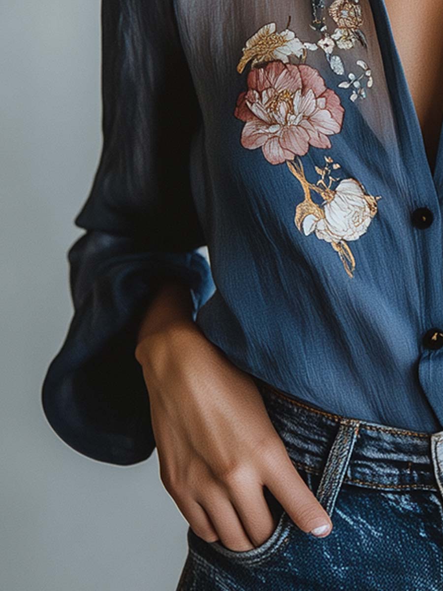 Women's blue floral print sheer button-up blouse back view