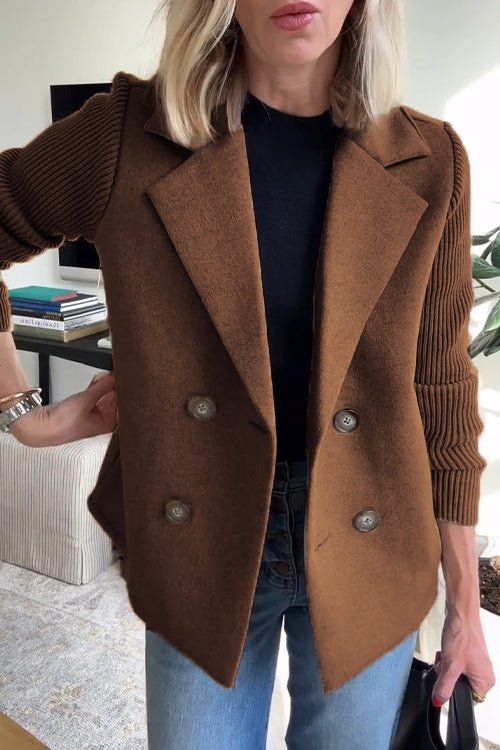 Women's dark brown double breasted blazer with knit sleeves