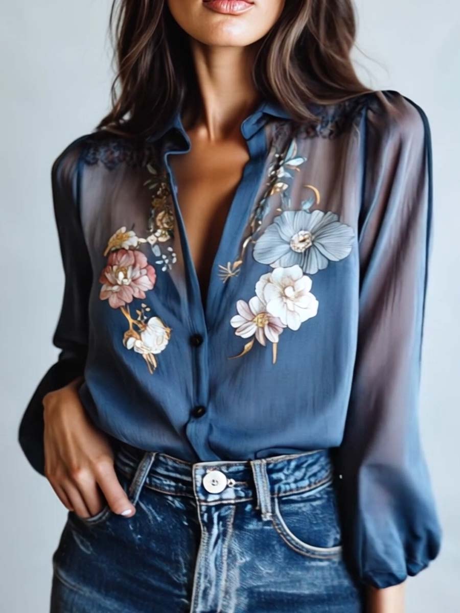 Women's blue floral print sheer button-up blouse detail