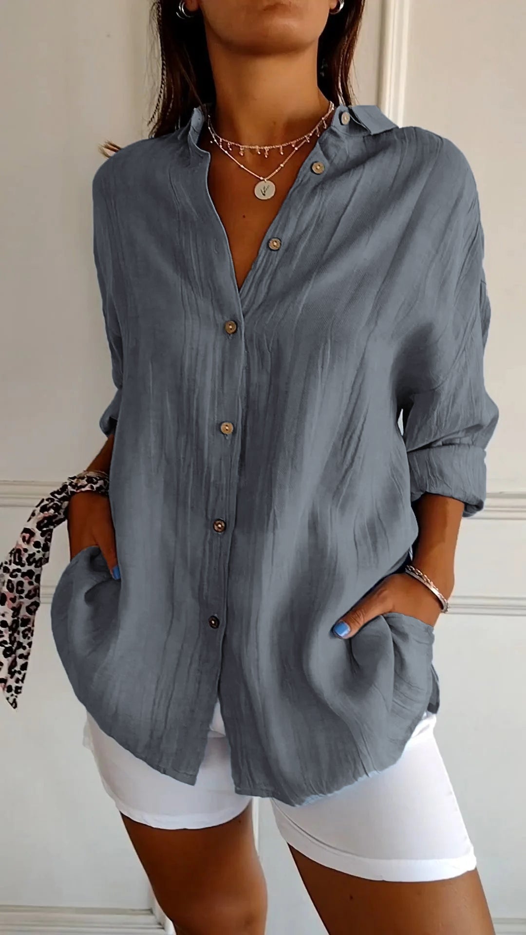 Women's gray loose fit lightweight long sleeve button-up blouse