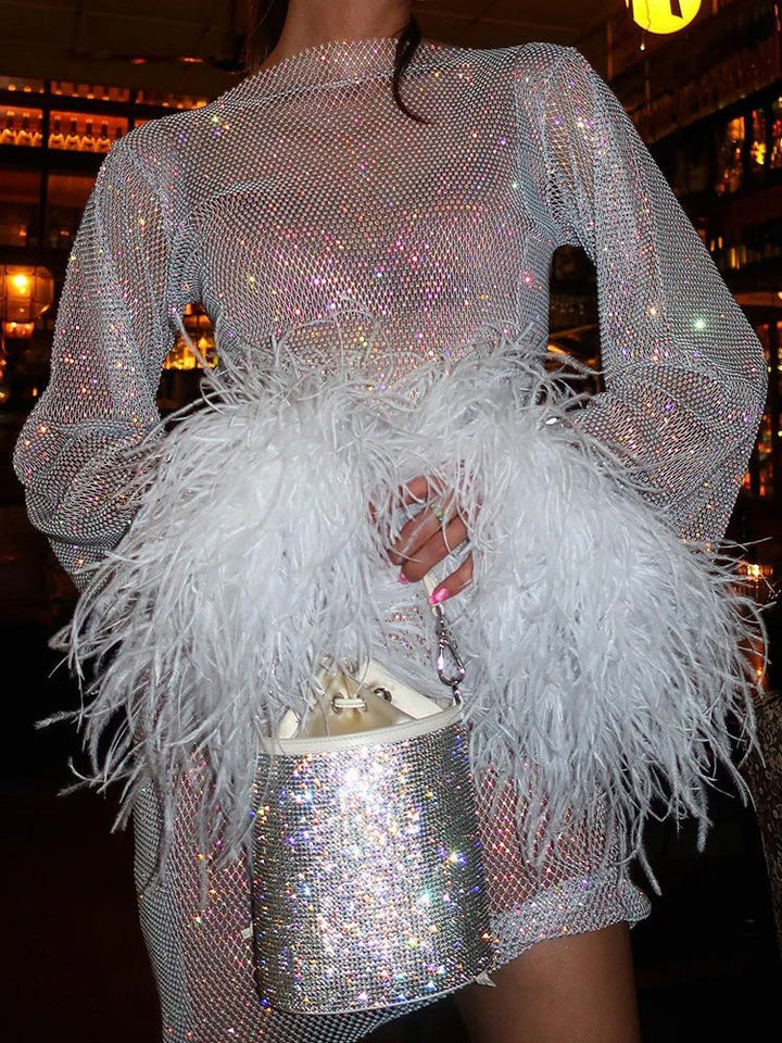 Women's white sparkly metallic mesh feather mini party dress detail