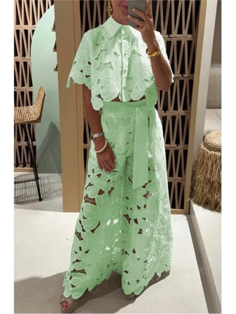 Women's green floral cut-out lace palazzo two-piece set